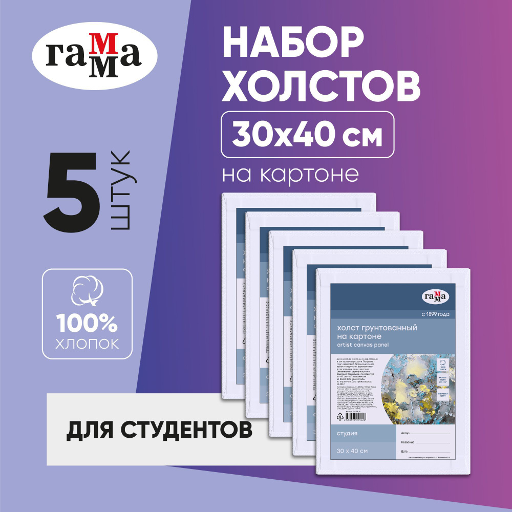 Холст на картоне 30х40 см Гамма для рисования, набор холстов 5 штук,  грунтованный, мелкое зерно, для работы масляными, акриловыми и темперными  ...