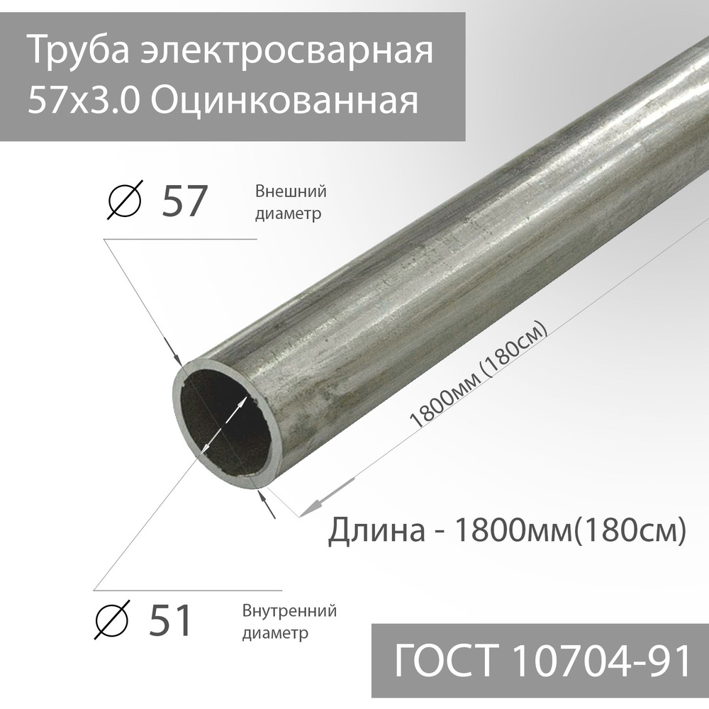 Труба электросварная 57х3,0 Оцинкованная ГОСТ 10704-91 L 1800мм(180см ...
