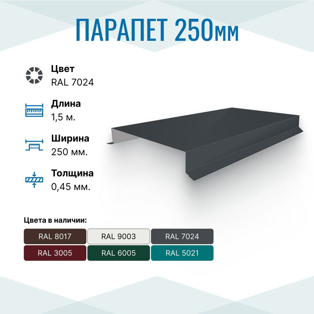 Парапет металлический прямой 250х30, длина 1.5м, RAL 7024, 1 шт. #1