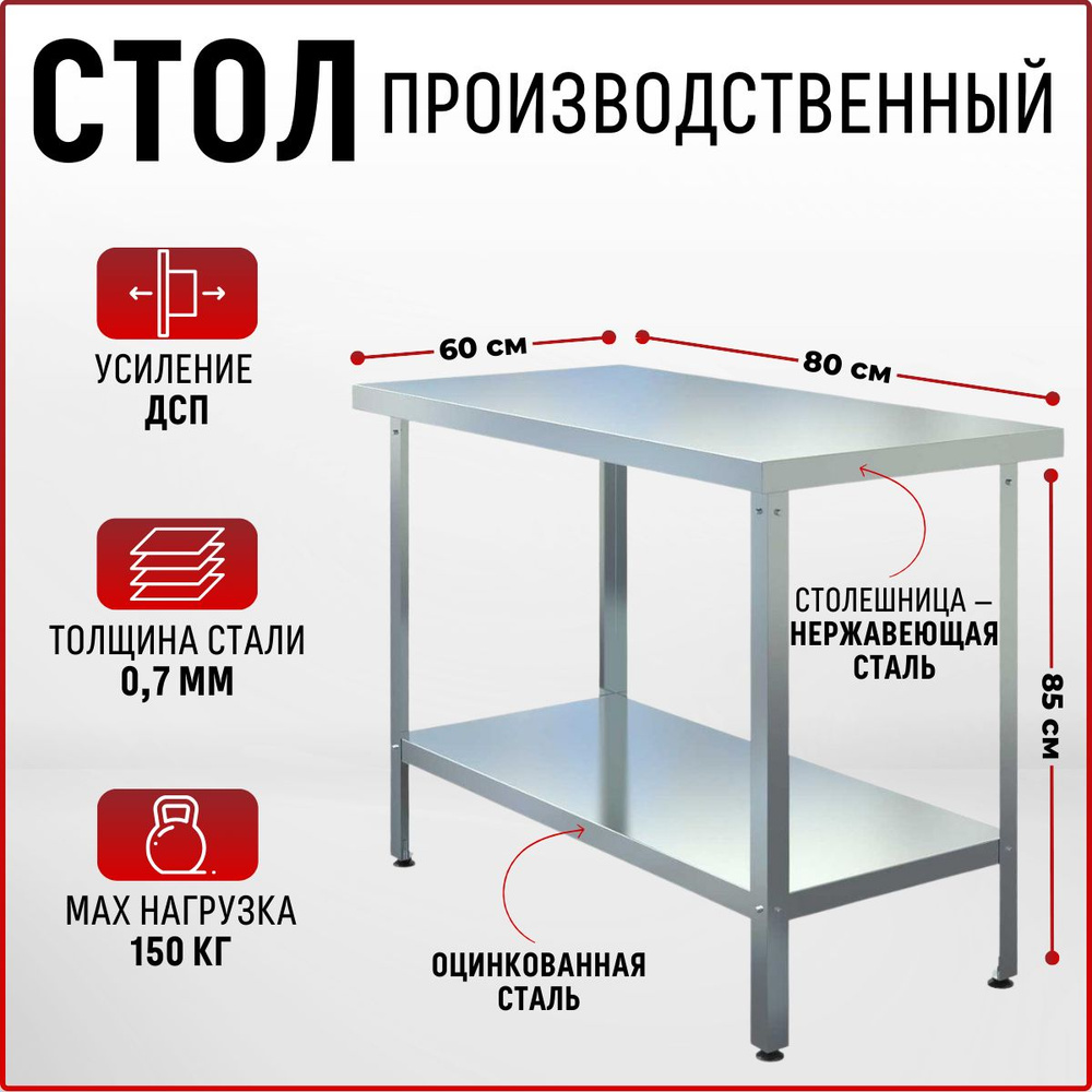 Стол из нержавеющей стали 800х600х850 без борта производственный для ...