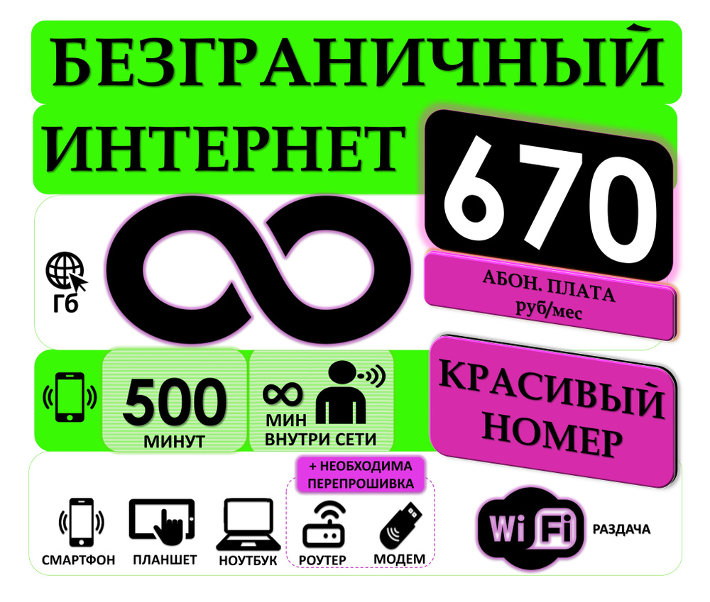 SIM-карта с РАЗДАЧЕЙ БЕЗЛИМИТНОГО ИНТЕРНЕТА и КРАСИВЫМ НОМЕРОМ, за  670руб/мес. посуточное списание (Вся Россия) - купить с доставкой по  выгодным ценам в интернет-магазине OZON (731771727)