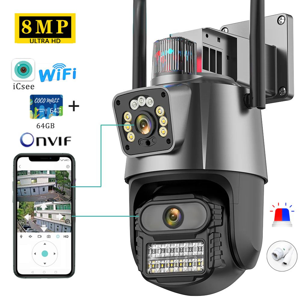 Камера видеонаблюдения Wi-fi,8Mп/ Двойной объектив, двойной  экран,Поворотная / Уличная,APP:ICsee(Русский)+Высокоскоростная карта памяти  64 ГБ