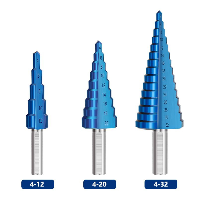 Набор ступенчатых сверл HSS 4-12мм, 4-20мм, 4-32мм с треугольник хвостовик, нано-синее покрытие, 3шт. #1