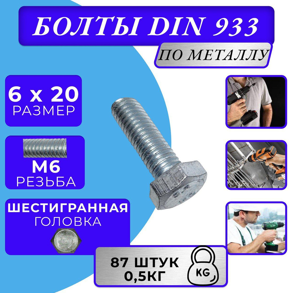 Болт M6x20 DIN 933 с полной резьбой цинк #1