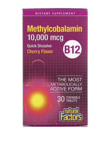 Витамин B12/Б12, Метилкобаламин, Вишня, 10 000 мкг, 30 жевательных ...