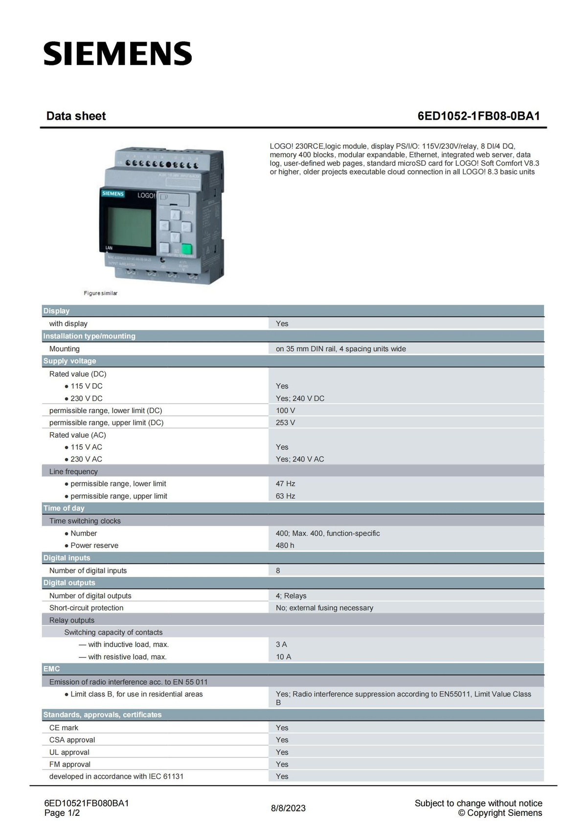 Siemens 6ED1052-1FB08-0BA1 PLC Control Module - 115/230V AC/DC, Siemens Original