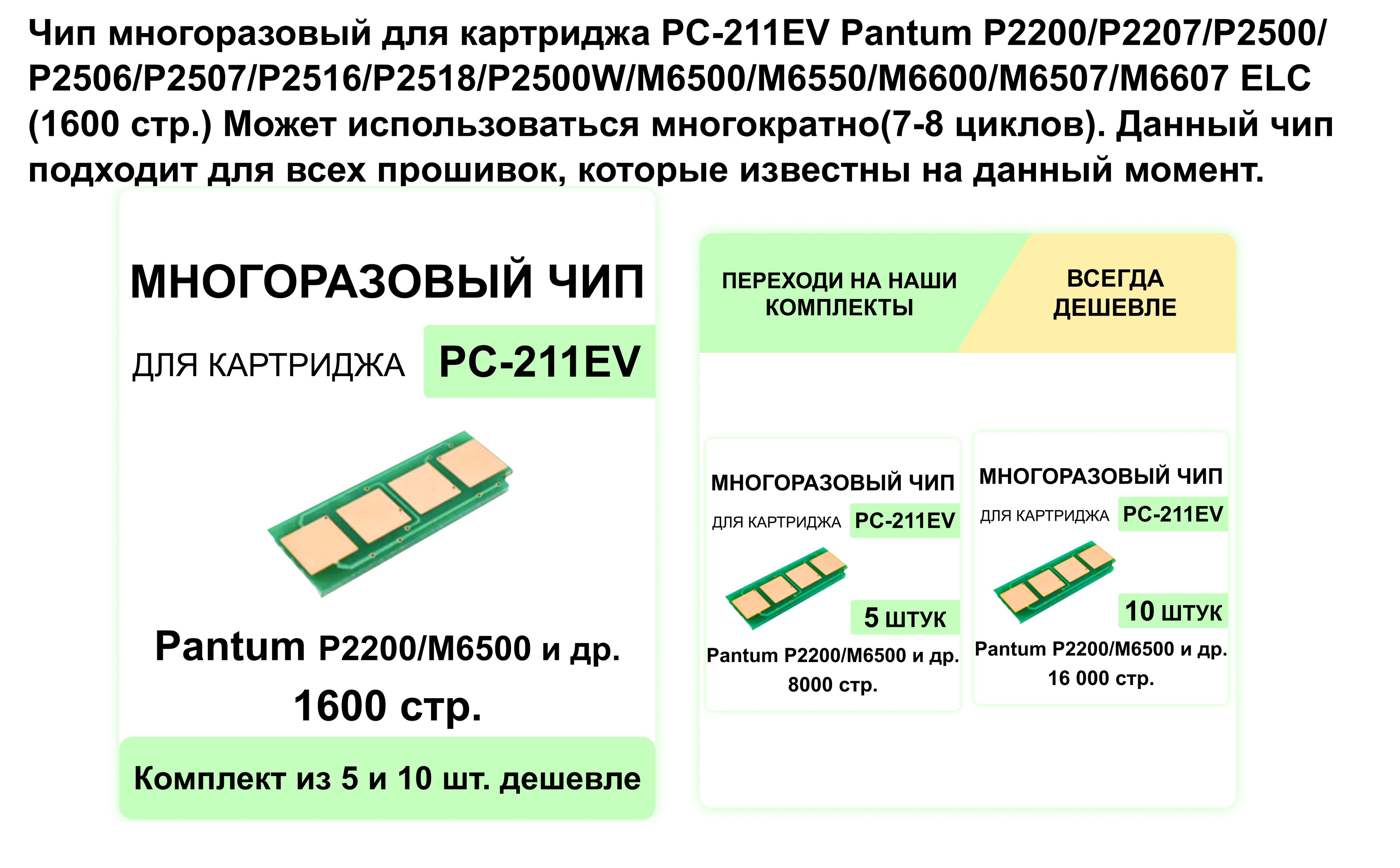 Многоразовый чип для картриджа PC-211EV / PC-211P Pantum P2200 P2207 ...
