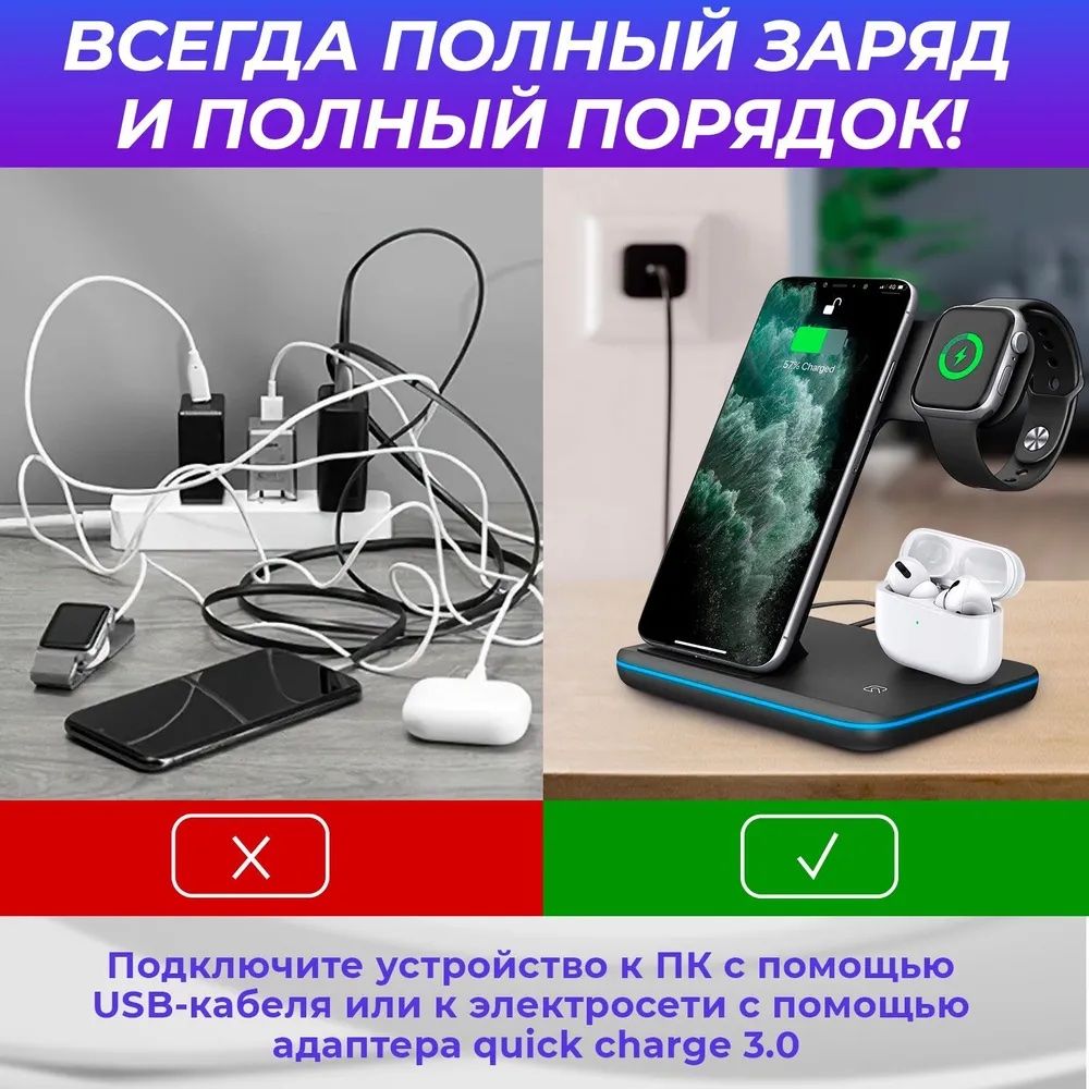 Беспроводное зарядное устройство Z10, 15 Вт, USB Type-C, Quick Charge 3.0 -  купить по выгодной цене в интернет-магазине OZON (1309488903)