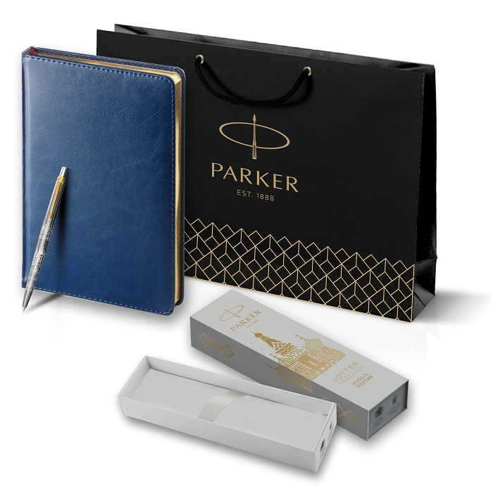 Подарочный набор: Шариковая ручка Parker Jotter Russia Steel GT и синий ежедневник недатированный с золотым #1