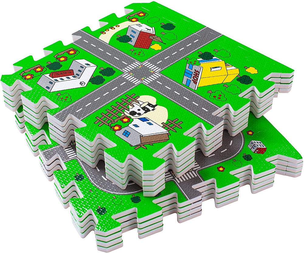 Детский коврик-пазл Meitoku с дорогами "Город 2" 30x30x1 см (9 шт.) с окантовкой игровой дороги развивающий #1