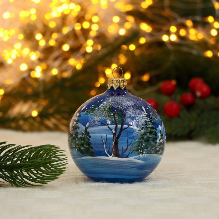 Ёлочный шар d-8 см "Снежный лес" ручная роспись, темно-синий  #1