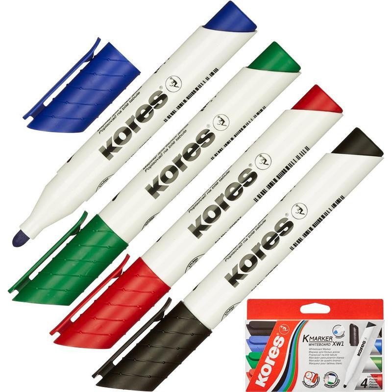 Набор маркеров для белых и магнитных досок Kores 4 цвета, стираемый на .