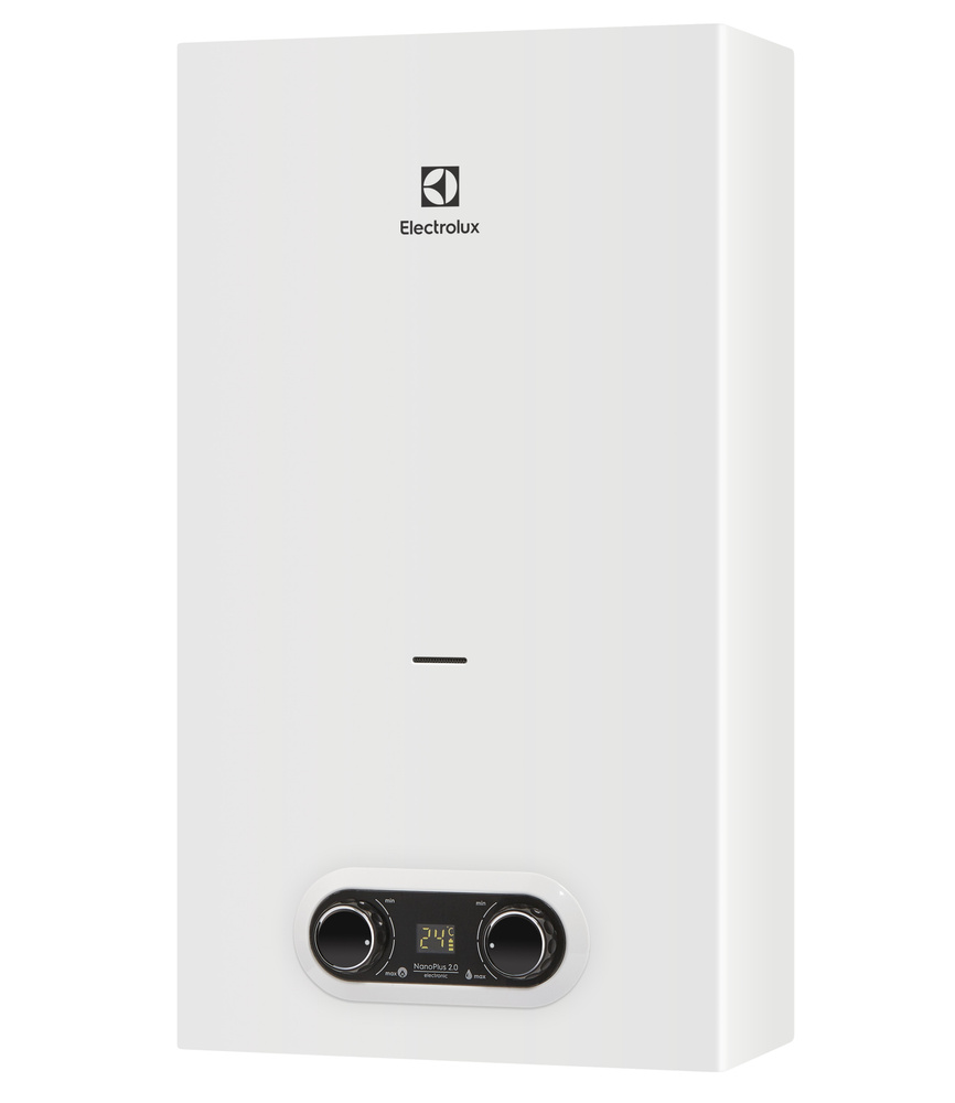 Газовая колонка Electrolux GWH 12 NanoPlus 2.0 розжиг от батареек, 24 кВт,  12 л/мин, дымоход 110 мм, природный газ