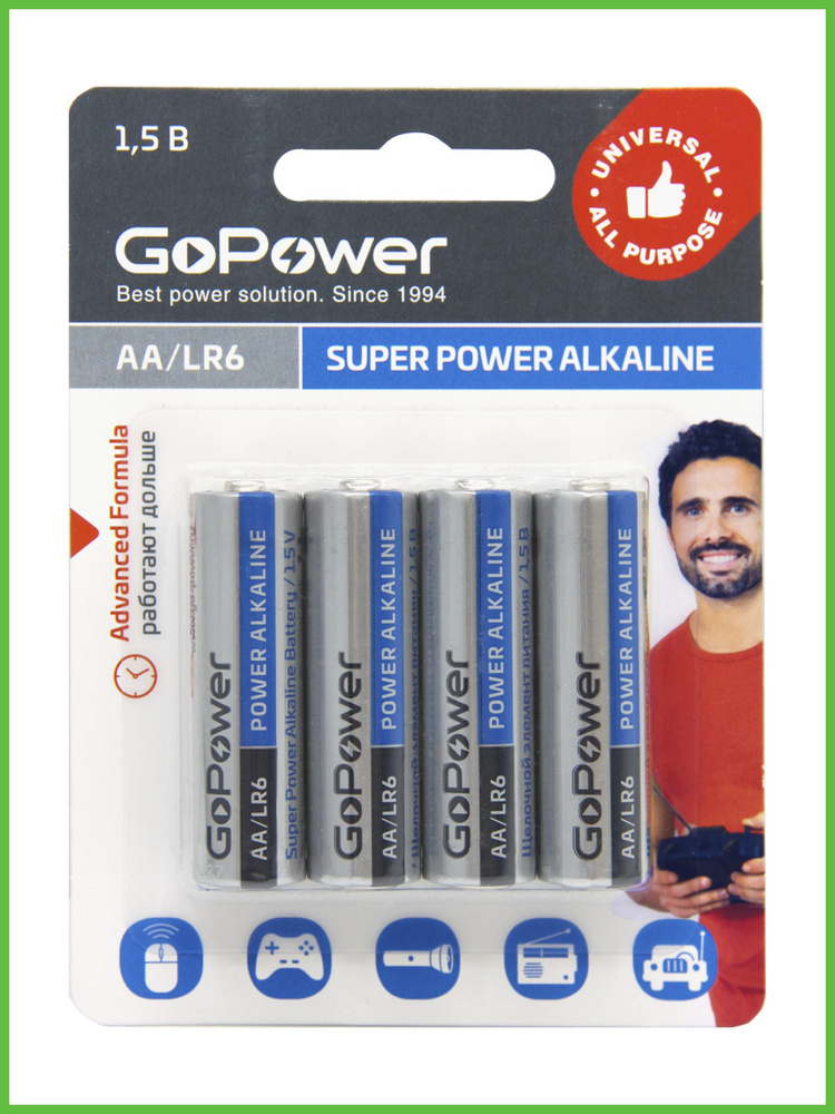 GoPower Батарейка AA, Щелочной тип, 1,5 В, 4 шт #1