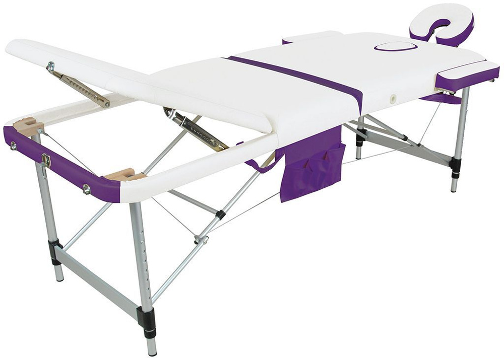 Массажный стол Мед-Мос JFAL01A, складной, аллюминиевый, 3-секционный, белый/фиолетовый, кушетка для массажа #1