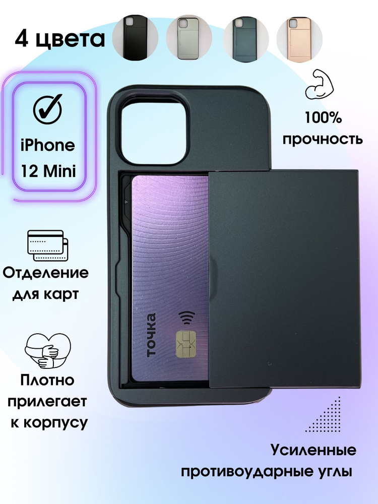 Чехол синий для iPhone 12 Mini / на айфон 12 мини противоударный с карманом, кармашком, отделением, картхолдером, #1
