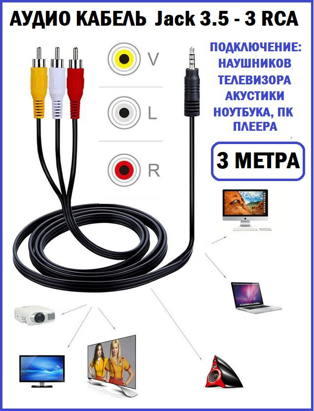 Кабель RCA, 3.5 мм JETT кабель аудио 3 рса - купить по низкой цене в ...