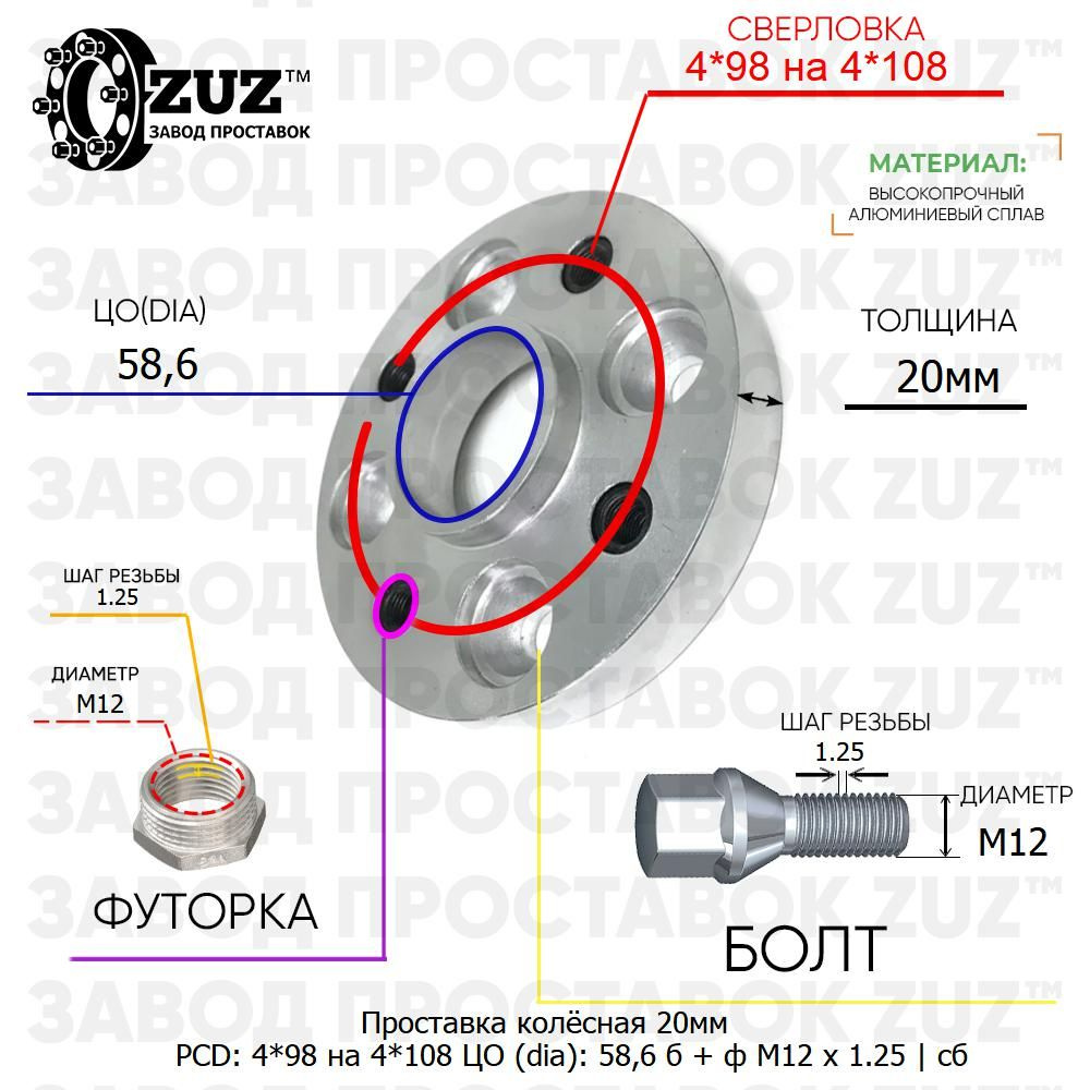 Проставка колёсная 1 шт 20мм 4*98 на 4*108 ЦО 58,6 Крепёж в комплекте Болт  + Футорка М12*1,25 ступичная с бортиком переходная адаптер для дисков 1 шт  на ступицу 4x98 на 4x108 Z20P4984108586СPF,