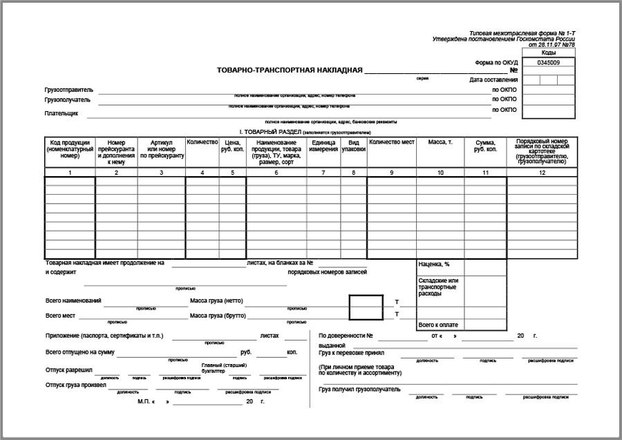Товарно-транспортная накладная (форма № 1-Т) 100 шт - купить с ...