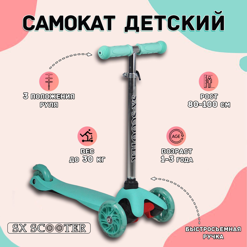 Самокат детский трехколесный SX Scooter, со светящимися колесами, для детей 1-3 года, бирюзовый  #1