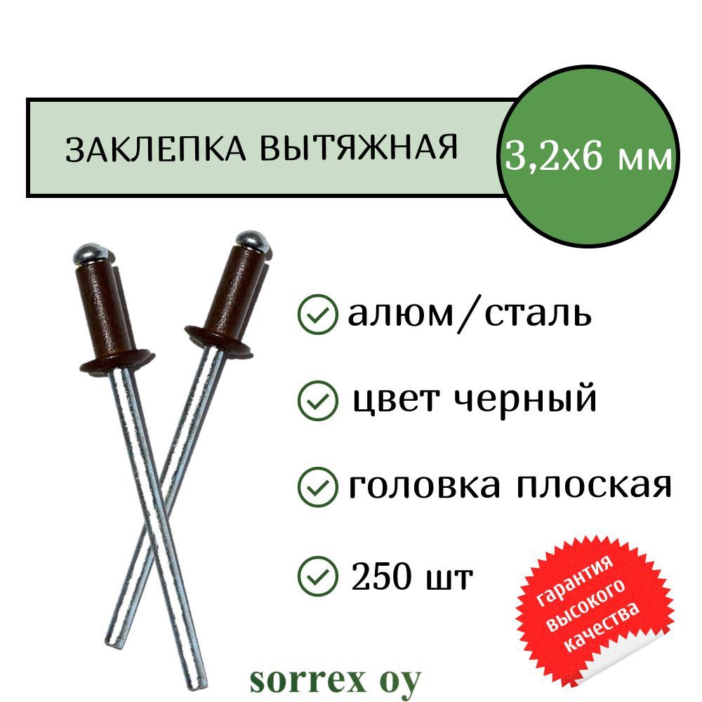 Заклепка вытяжная цветная 3,2х6 алюминий/сталь крашеная RAL 9005 для профнастила и забора Sorrex OY (250штук) #1