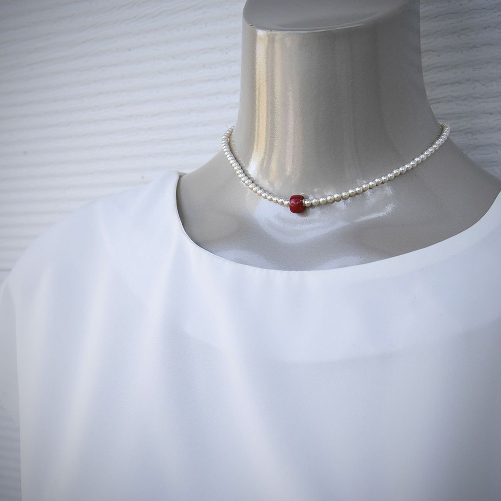 Винтажные бусы, ожерелье VTG "Красное и белое" натуральный коралл, стеклянный жемчуг  #1