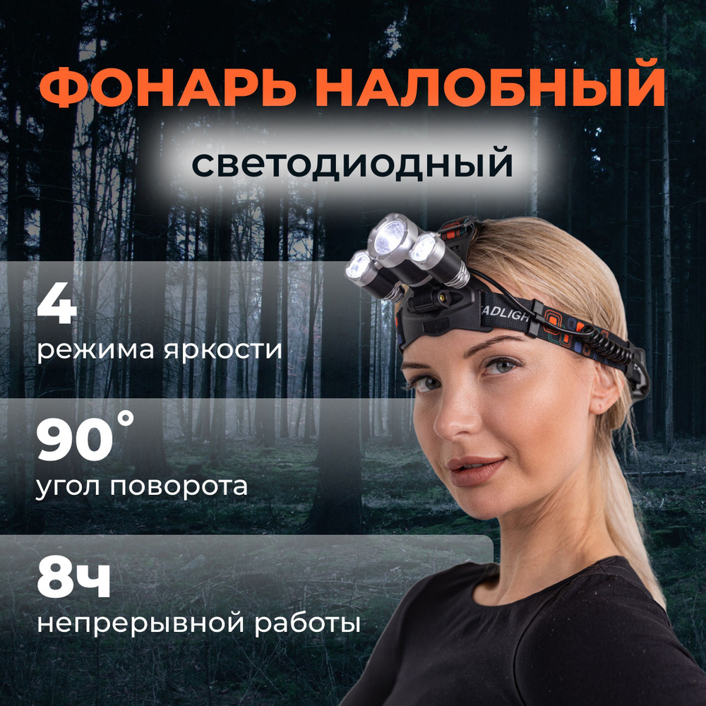 Фонарик налобный, фонарик налобный аккумуляторный мощный, 4 режима ...