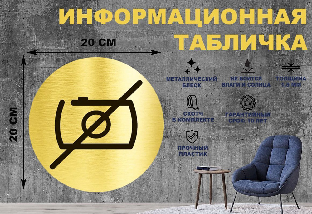Табличка-пиктограмма "Не фотографировать, Фотосъемка, видеосъемка запрещена" на стену и дверь D200 мм #1