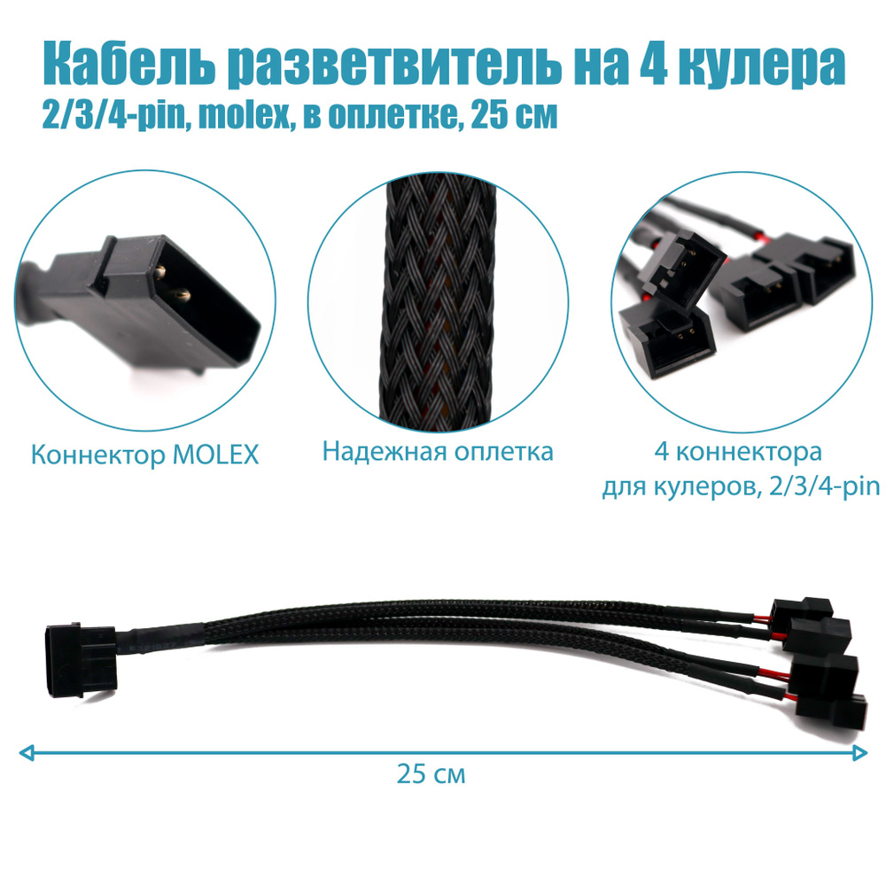 Кабель разветвитель MOLEX на 4 кулера 2/3/4-pin 25см - купить с ...