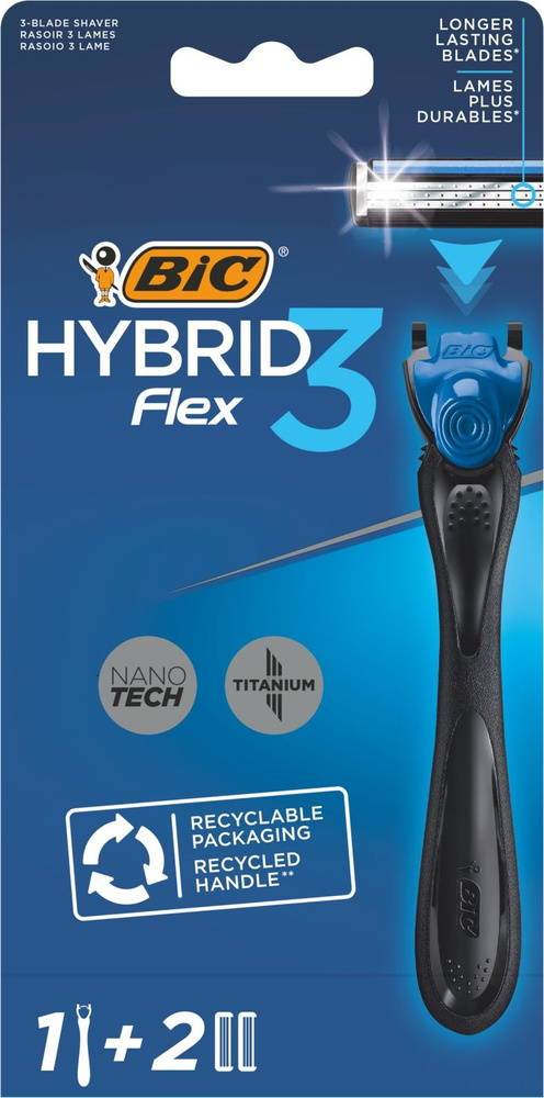 BIC / Бик Hybrid Flex3 Бритвенный станок мужской 3 лезвия, 1шт. + 2 сменные кассеты / уход за кожей для #1