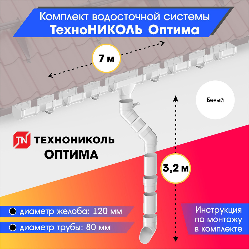 Комплект водосточной системы 120/80 ТехноНИКОЛЬ Оптима для ската 7м, Белый (RAL 9003)  #1