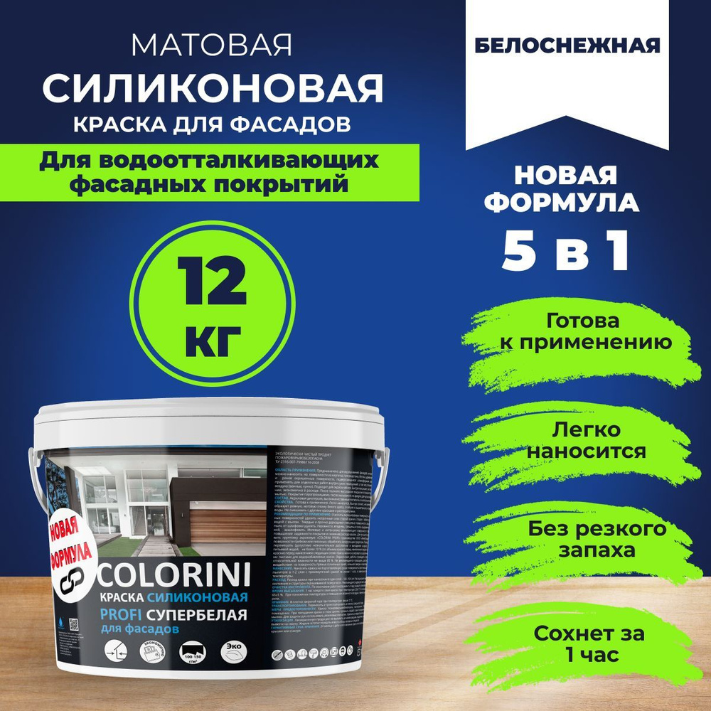 Краска фасадная силиконовая супербелая 12,6 кг COLORINI PROFI #1