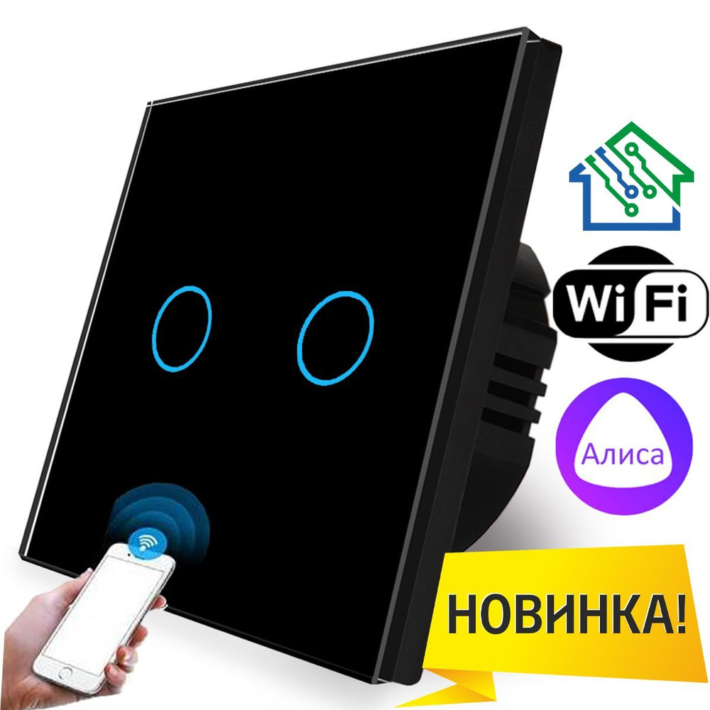 Умный сенсорный выключатель двухклавишный с WiFi FUJIHOME FHZ-005(6)G2B  работает с Алисой