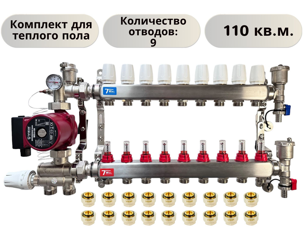 КОМПЛЕКТ ViEiR для теплого пола водяного: Коллектор из нержавеющей стали на 9 выходов с расходомерами #1