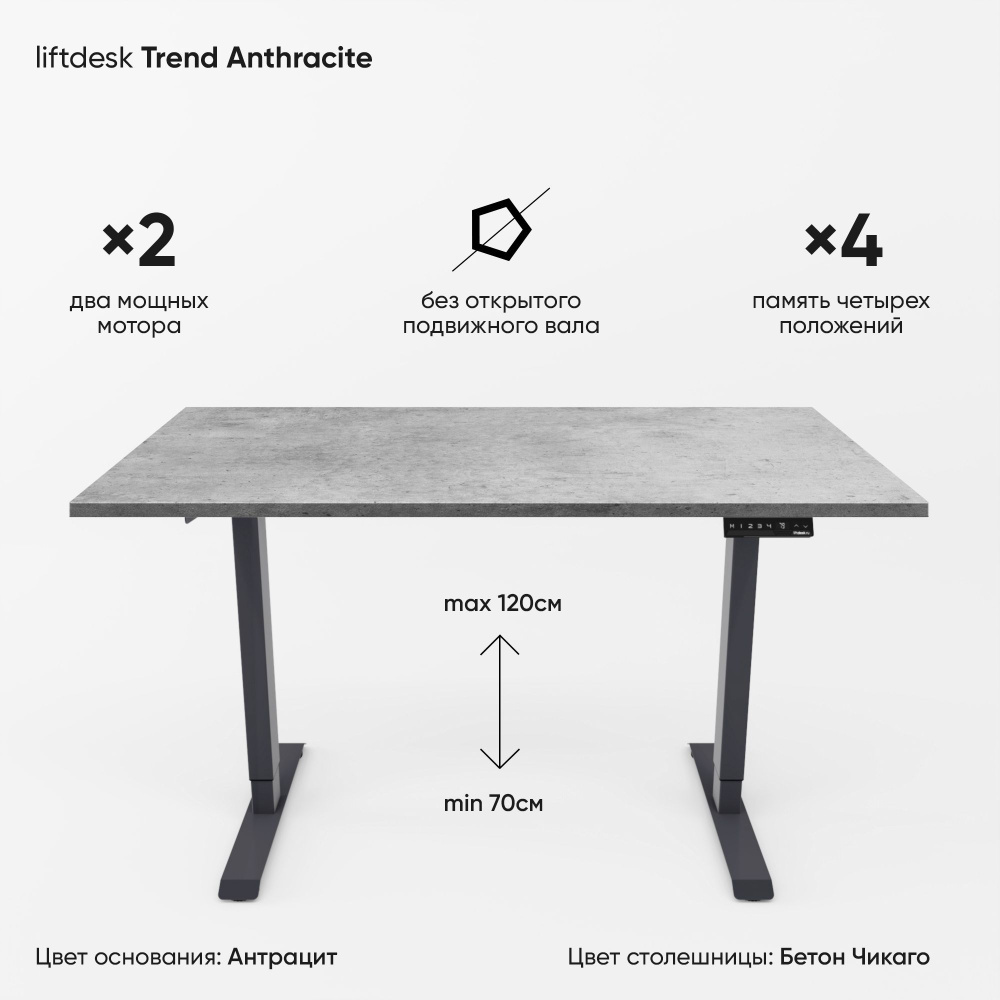 Компьютерный стол с регулировкой высоты для работы стоя сидя 2-х моторный liftdesk Trend Антрацит/Бетон #1