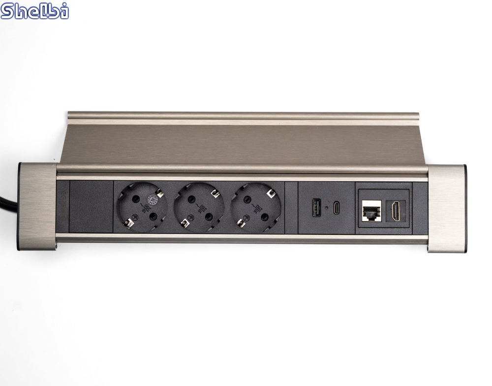 Shelbi Настольный блок с крышкой, 3 розетки, 1 USB, 1 Type-C, RJ45, HDMI  #1