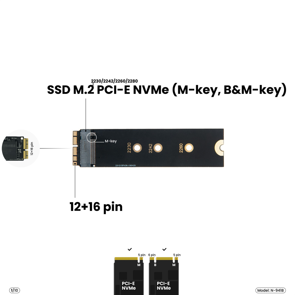 Адаптер-переходник для установки SSD M.2 2230-2280 PCI-E NVMe (M, B&M-key)  в разъем 12+16 Pin на MacBook Air 11/13