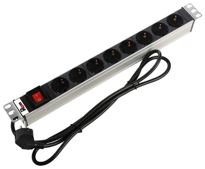 Блок розеток Rem-16 с выкл., 8 Schuko, 16 A, алюм., 19", шнур 3 м ...
