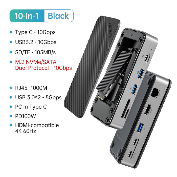 ORICO USB C HUB с корпусом M.2 NVMe SATA SSD, внешний 10 Гбит/с, 4K, 60 ...