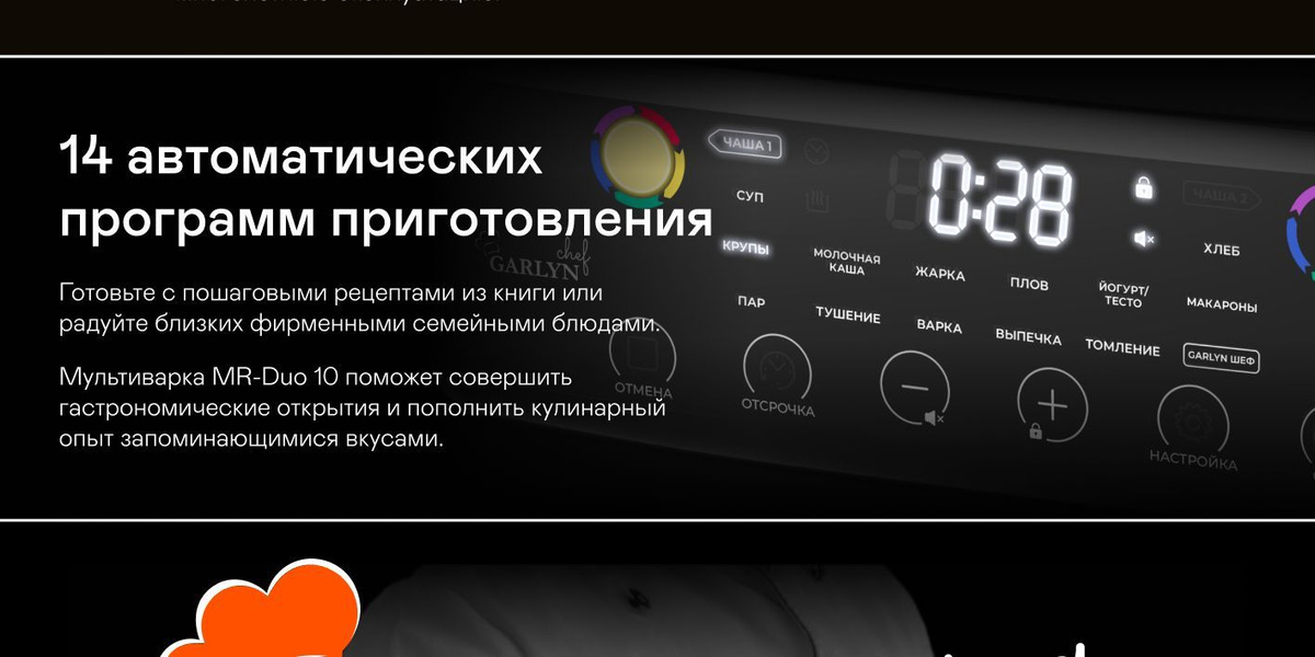Мультиварка GARLYN MR-Duo 10 объемом 4,8 литров (2,4 + 2,4). Две чаши ...