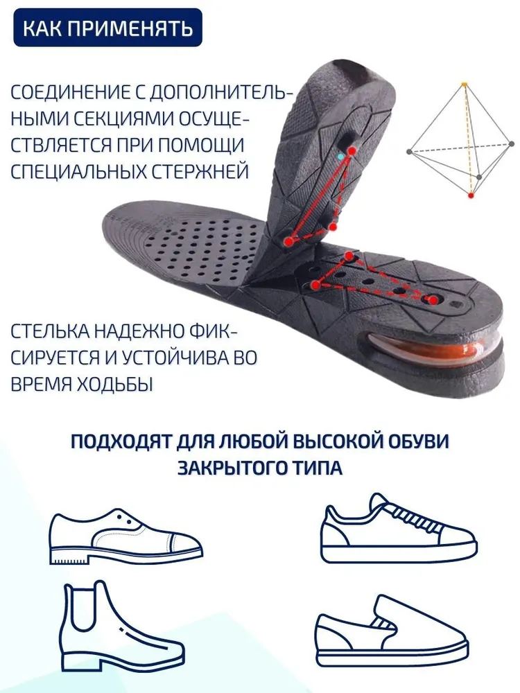 ORTGUT Наборные вкладыши для увеличения роста до 9 см / Амортизирующие вставки в обувь с регулируемой высотой / Подпяточники для обуви, 1 пара, 4 слоя, вариант, фото 6