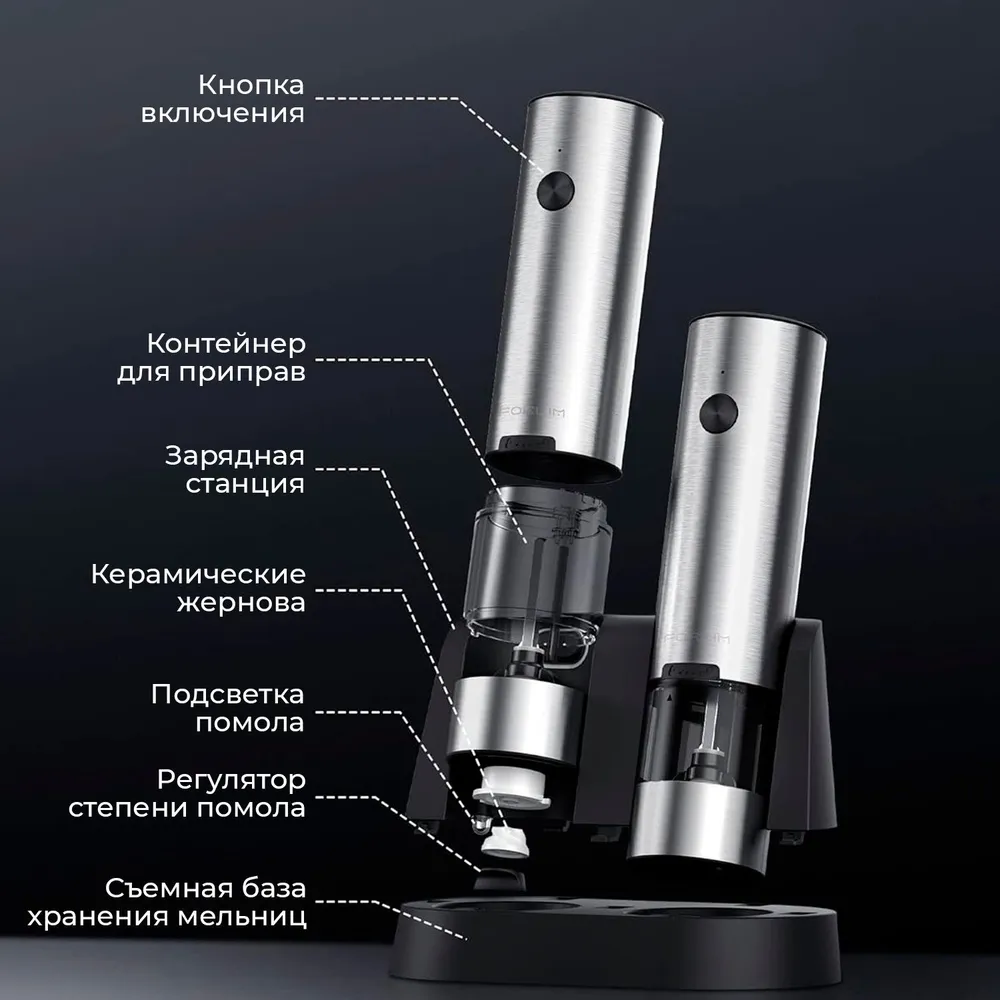 Электромельница, мельница для специй электрическая USB, NOMA, 2 штуки, набор с докстанцией, металлическая, вариант, фото 3