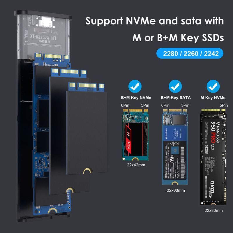 Адаптер M.2 NVME PCIe SSD для твердотельных накопителей 2230 2242 2260 ...