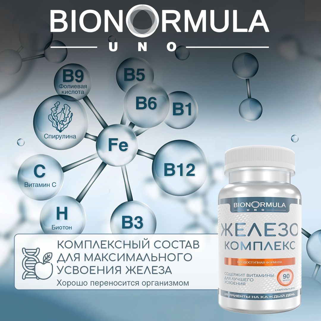 Фумарат железа с витамином С + В комплекс, Bionormula, 90 капсул ...
