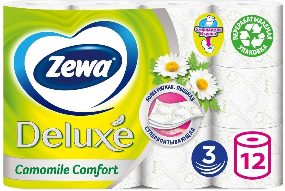 Туалетная бумага Zewa Deluxe Ромашка, 3 слоя, 12 рулонов - купить с ...