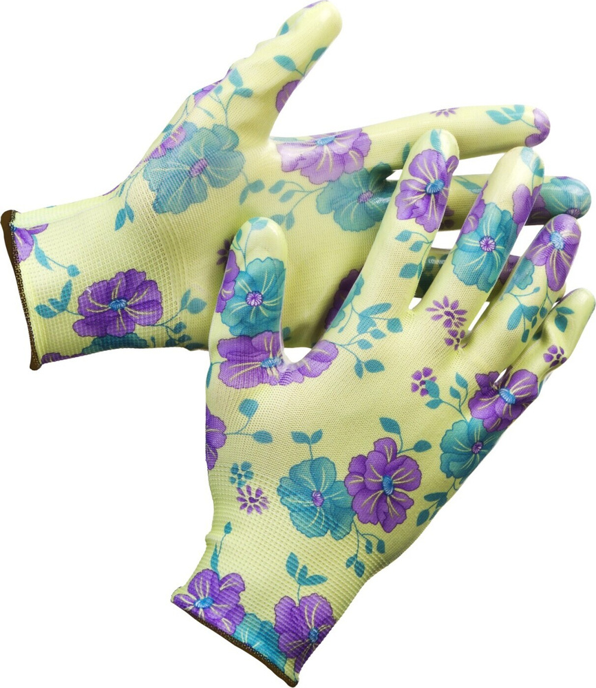 Перчатки садовые GRINDA S-M, с прозрачным нитриловым покрытием, желтый/сиреневый (11295-S)  #1