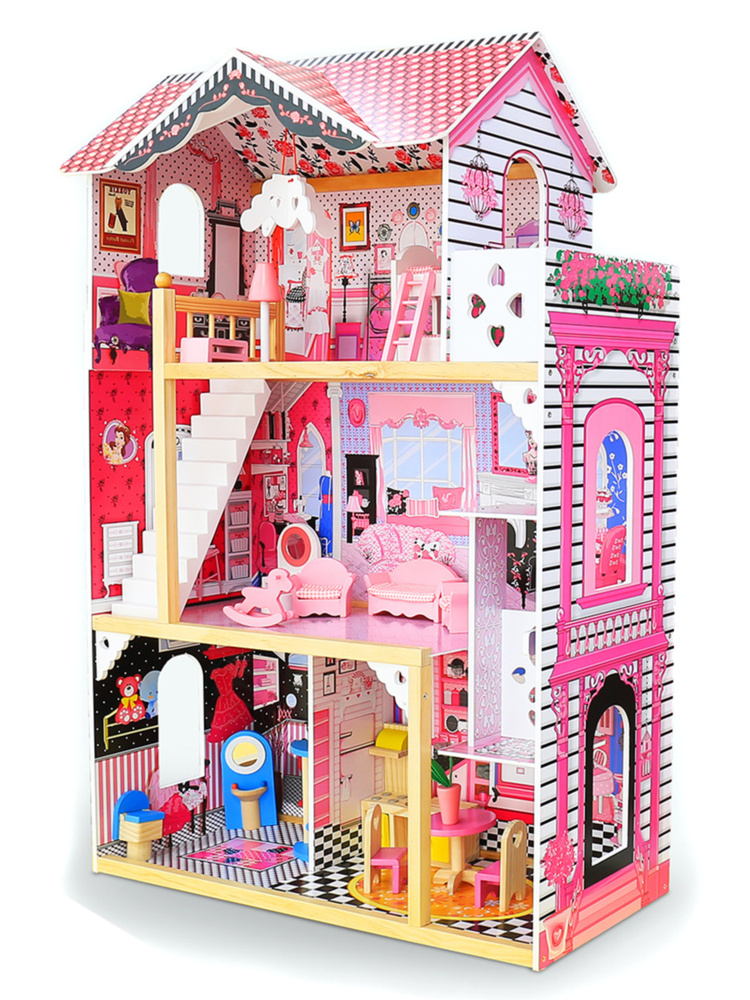 Дом для куклы деревянный с набором мебели и лифтом - купить с доставкой повыгодным ценам в интернет-магазине OZON (292653311)