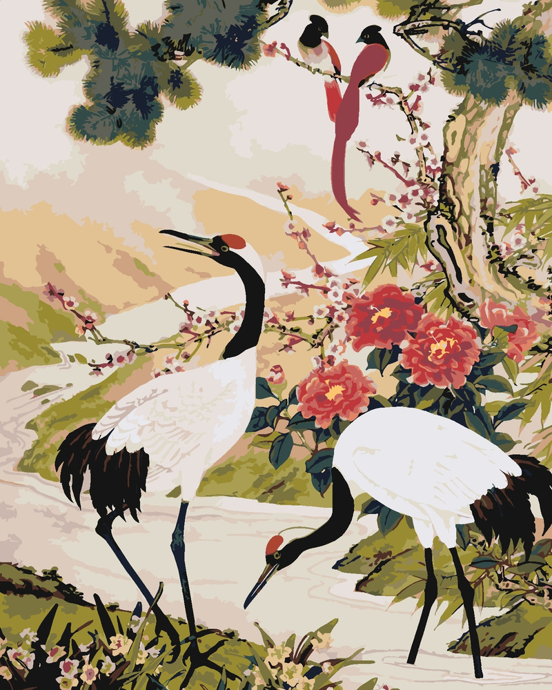 Картина по номерам на холсте с подрамником 40х50 см. Природа, животные, рыбы, птицы. "Журавли у реки", #1