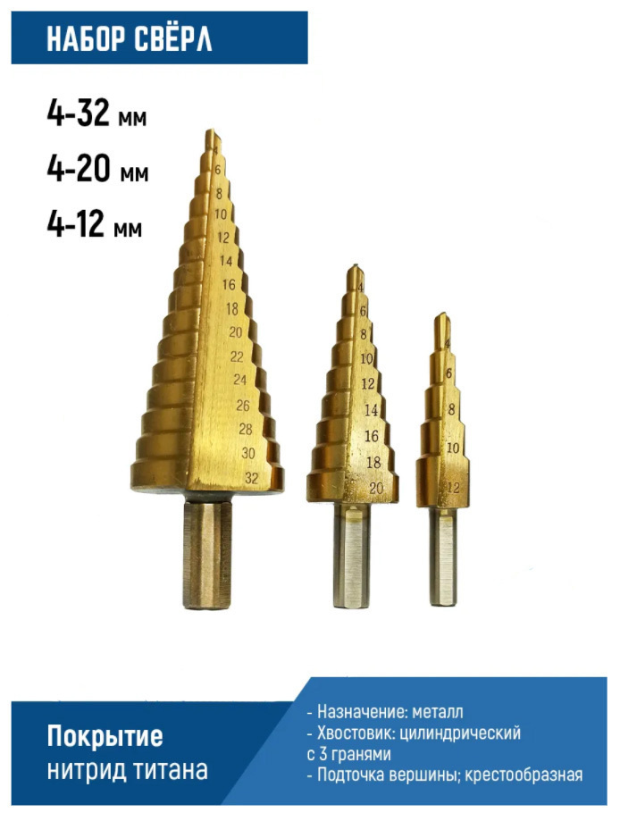 Сверло ступенчатое по металлу набор 4-12мм, 4-20мм, 4-32мм Skole  #1