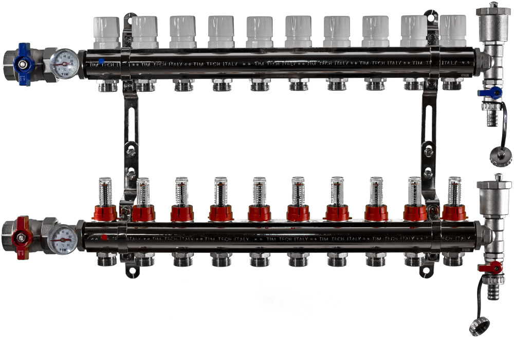 Коллекторная группа Tim (KA010) 1" ВР-ВР, 10 отводов 3/4", расходомер, воздухоотводчик, сливной кран, #1
